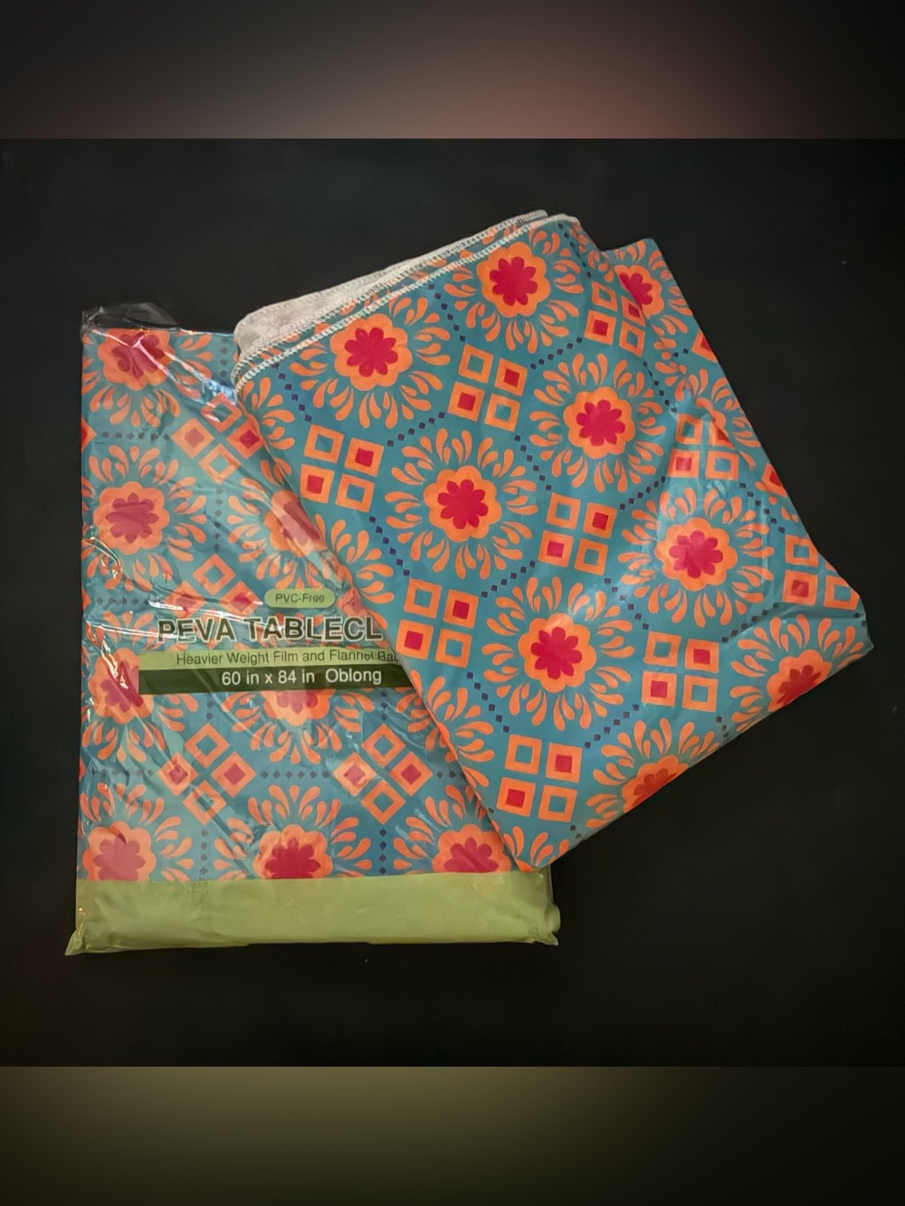 Pair of Reusable Tablecloths- 60in x 84in Oblong - Teal w/ Orange Floral Patten